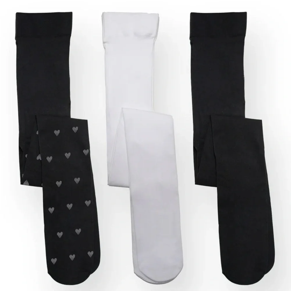 NWT Girls LARGE 10/12 3-Pair Wonder Nation Black & White Footed Tights 1 w/Heart